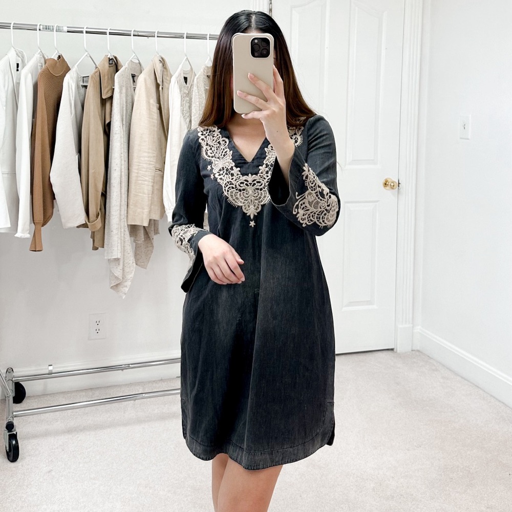 Johnny Was Neema Embroidered Chambray Tunic Dress in Grey